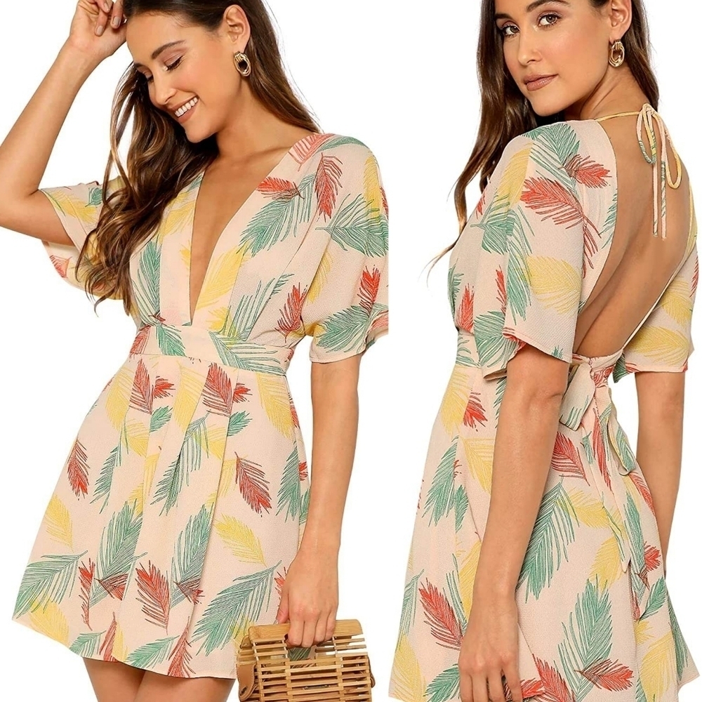 Tropical print mini dress open back peach orange green yellow size small